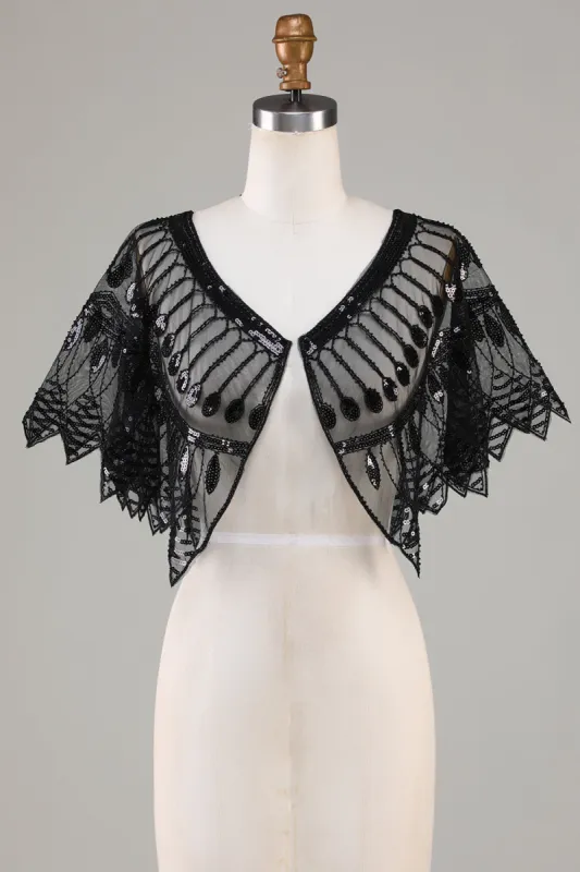 Glitter Black Sequins 1920s Cape with Beading sold by Zapaka