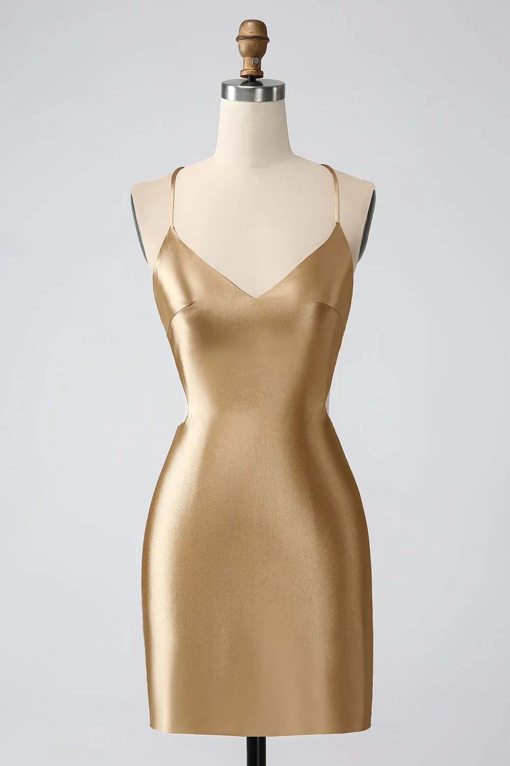 Gold Bodycon Spaghetti Straps Satin Homecoing Dress with Criss Cross Back sold by Zapaka