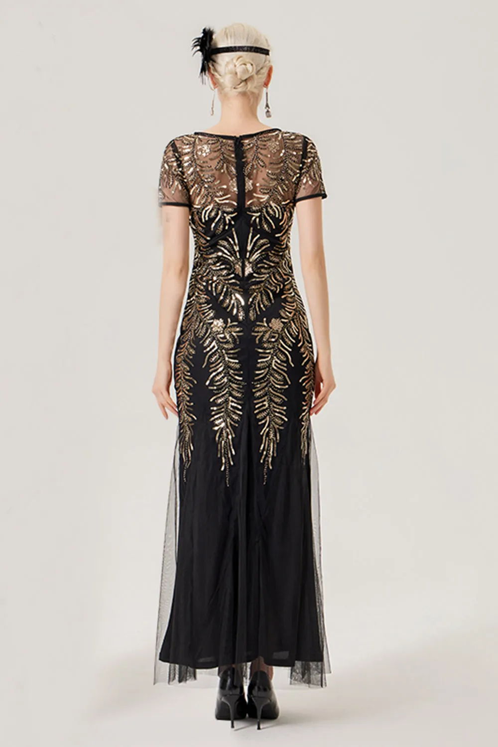 Black Golden Sequins Long 1920s Dress with Short Sleeves sold by Zapaka product image thumbnail 2