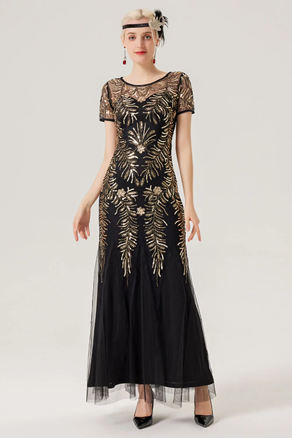Black Golden Sequins Long 1920s Dress with Short Sleeves sold by Zapaka