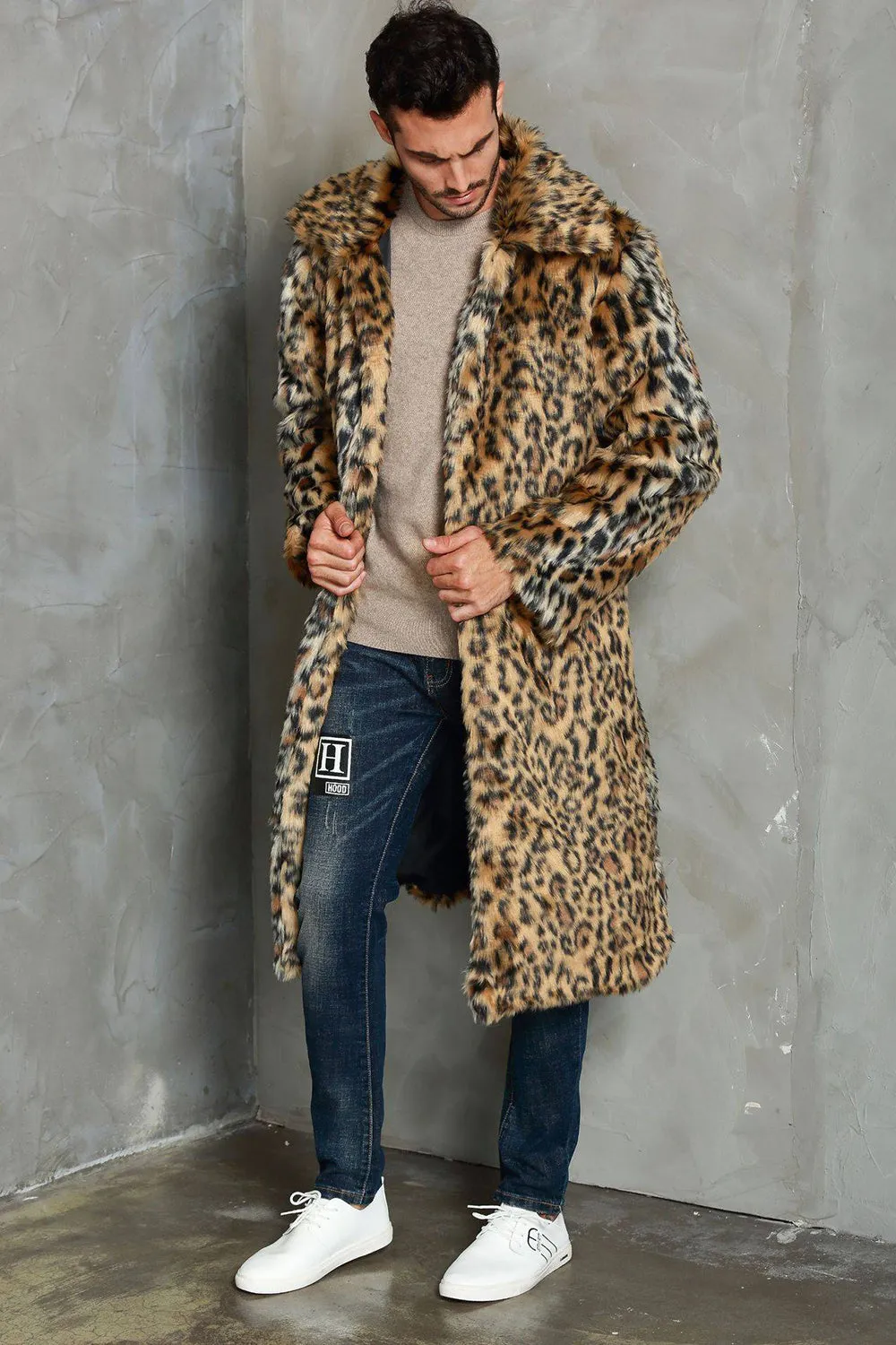 Khaki Leopard Printed Lapel Neck Long Faux Fur Men Coat sold by Zapaka product image thumbnail 3