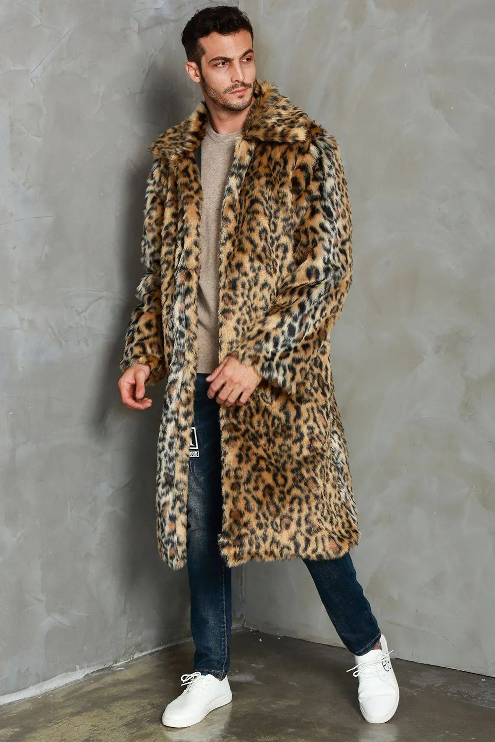 Khaki Leopard Printed Lapel Neck Long Faux Fur Men Coat sold by Zapaka product image thumbnail 4
