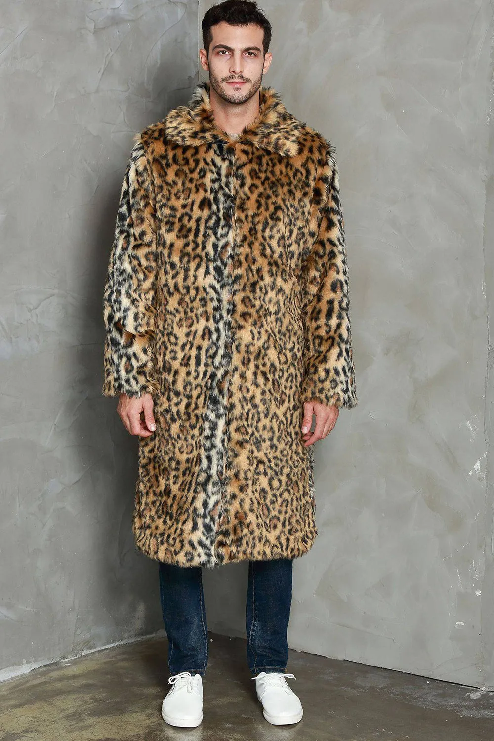 Khaki Leopard Printed Lapel Neck Long Faux Fur Men Coat sold by Zapaka