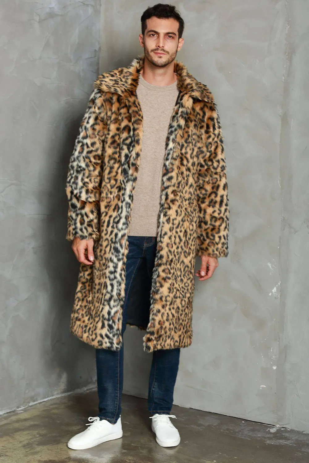 Khaki Leopard Printed Lapel Neck Long Faux Fur Men Coat sold by Zapaka product image thumbnail 5