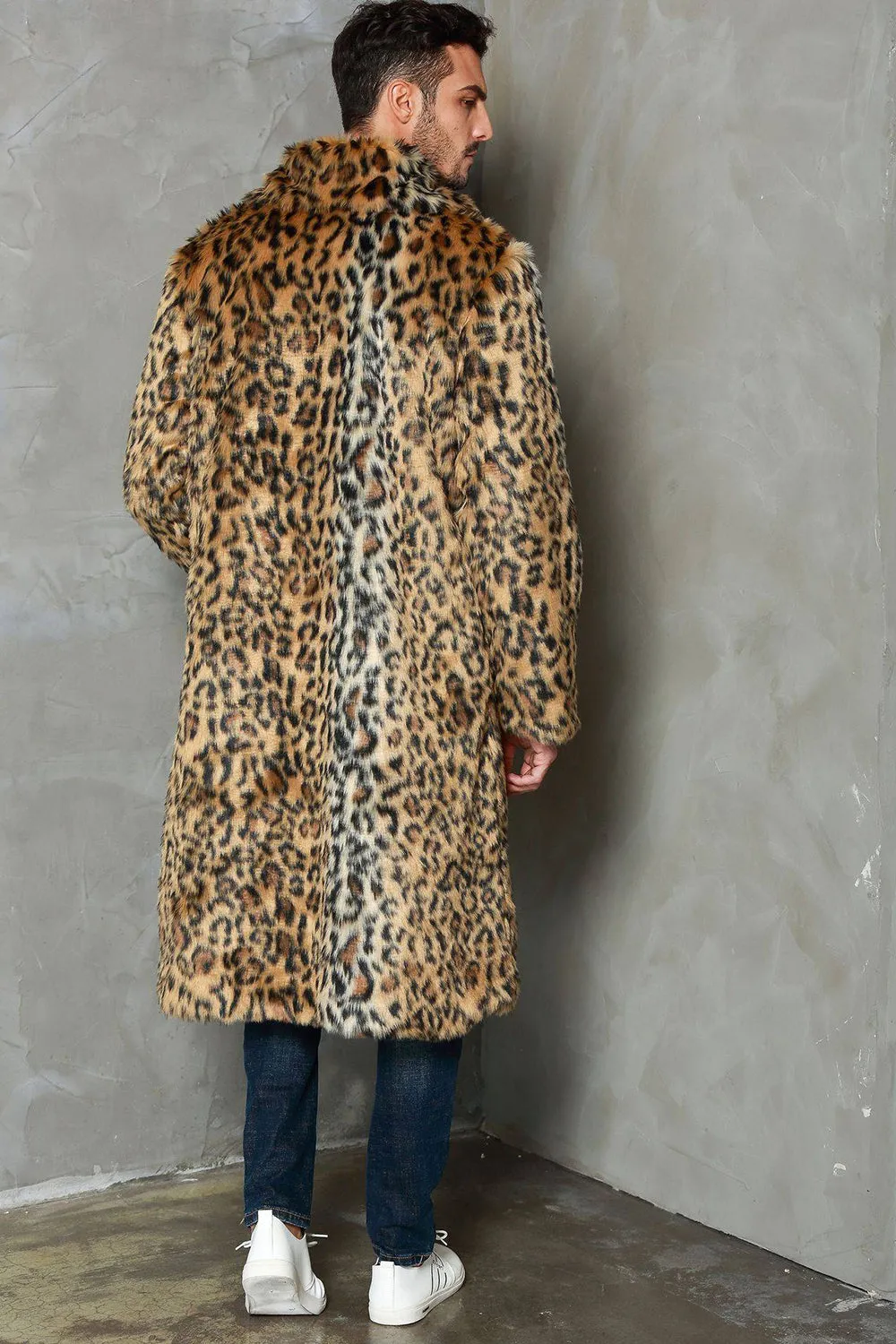 Khaki Leopard Printed Lapel Neck Long Faux Fur Men Coat sold by Zapaka product image thumbnail 2