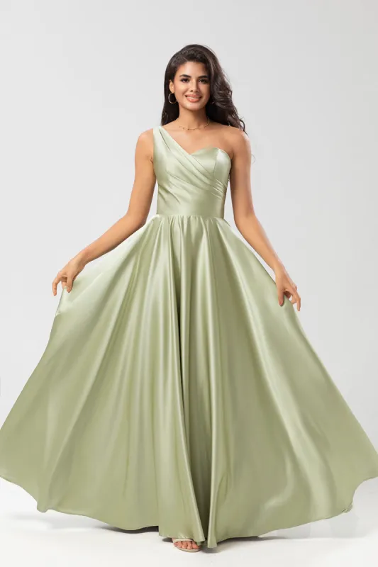 One Shoulder Satin Green Bridesmaid Dress with Pockets sold by Zapaka