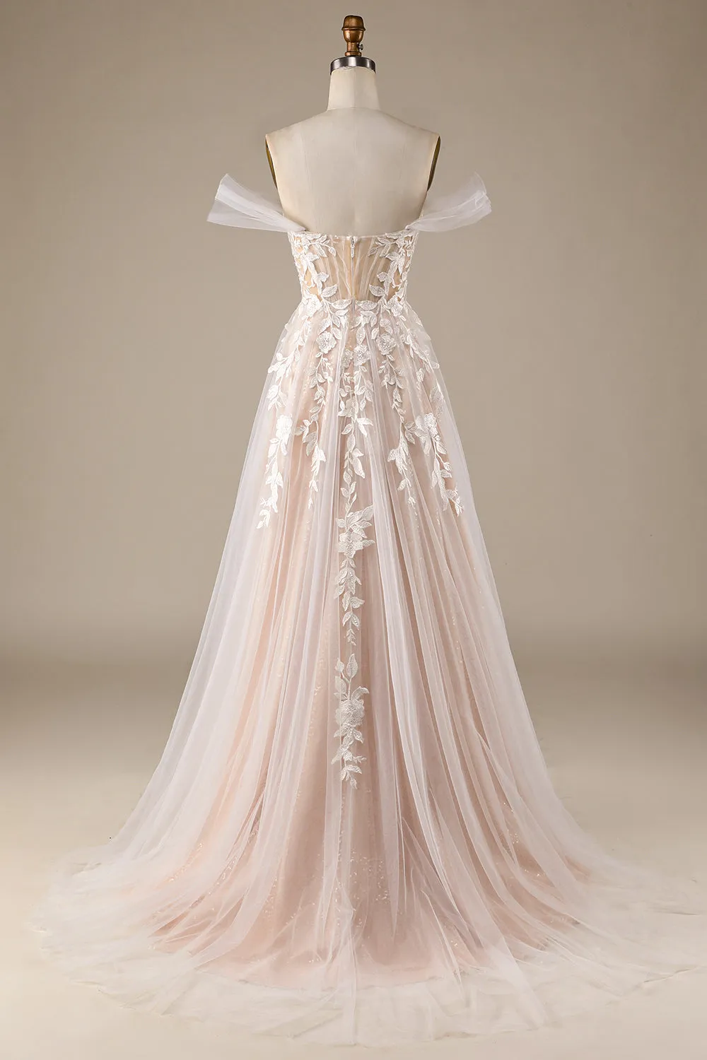 Champagne Tulle Detachable Off the Shoulder Wedding Dress with Lace sold by Zapaka product image thumbnail 2