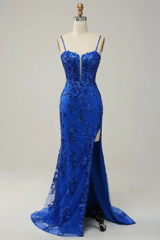 Mermaid Spaghetti Straps Royal Blue Sequins Long Prom Dress with Split Front sold by Zapaka