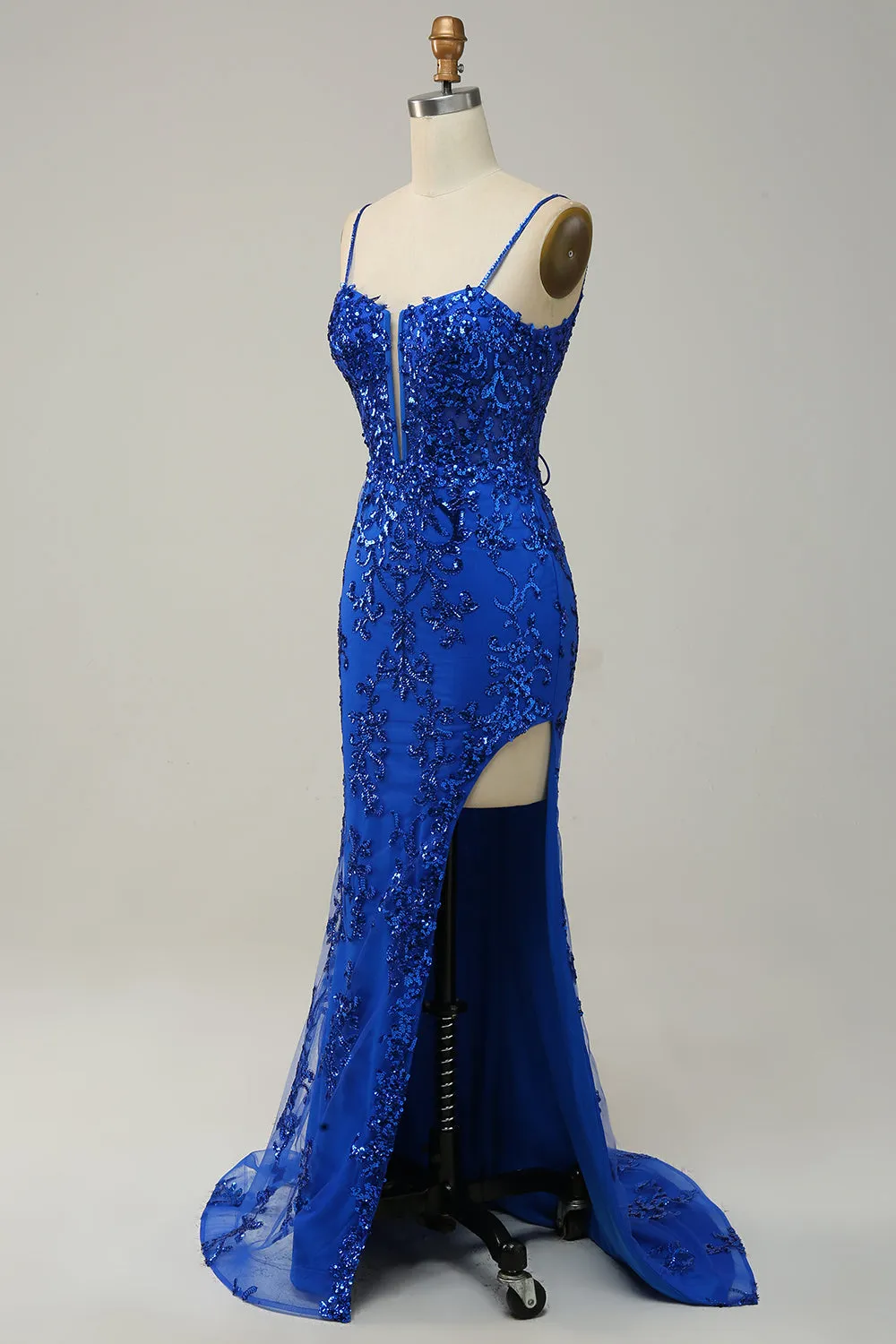 Mermaid Spaghetti Straps Royal Blue Sequins Long Prom Dress with Split Front sold by Zapaka product image thumbnail 3