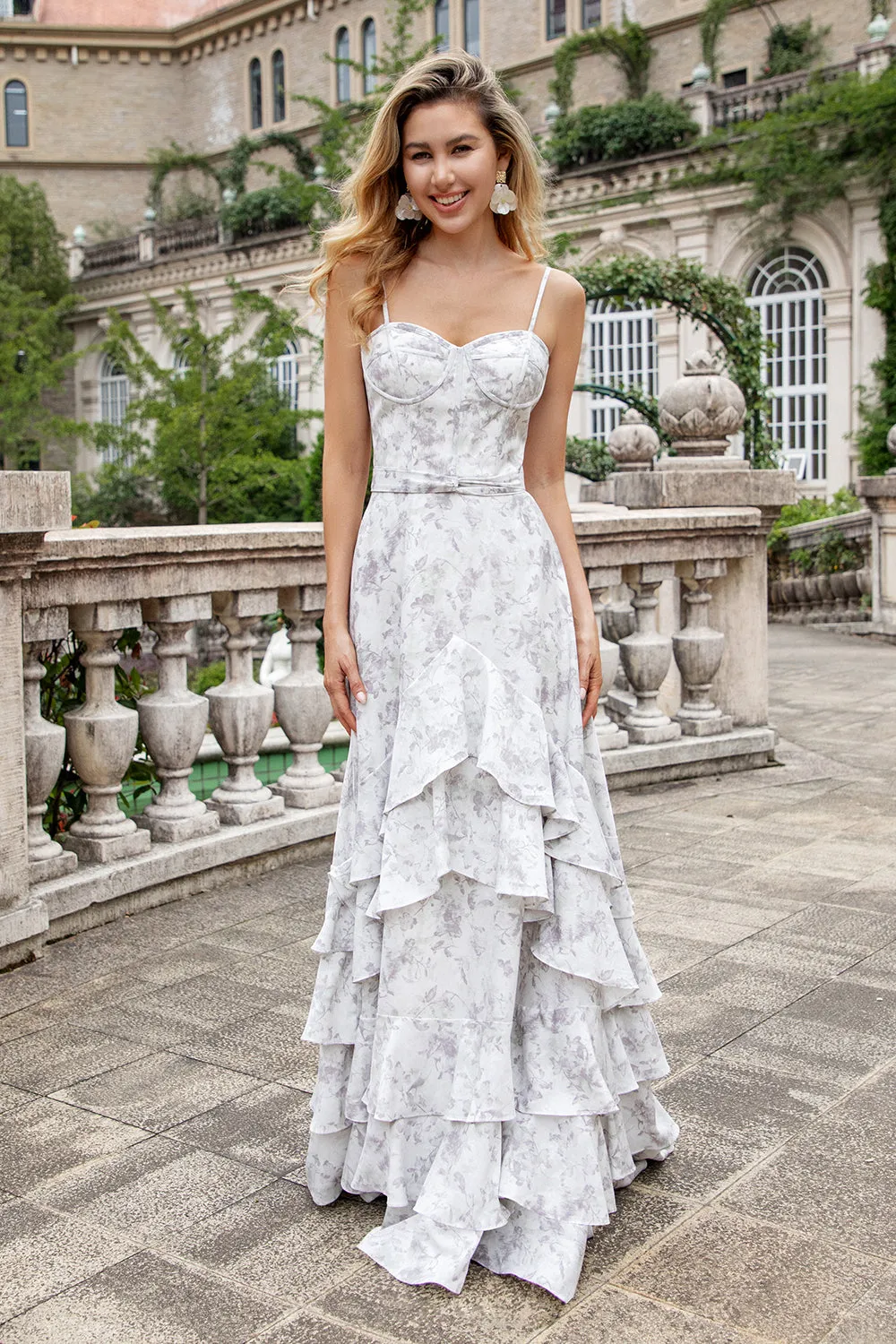 White Brown Flower A Line Spaghetti Straps Bridesmaid Dress With Ruffles sold by Zapaka product image thumbnail 3