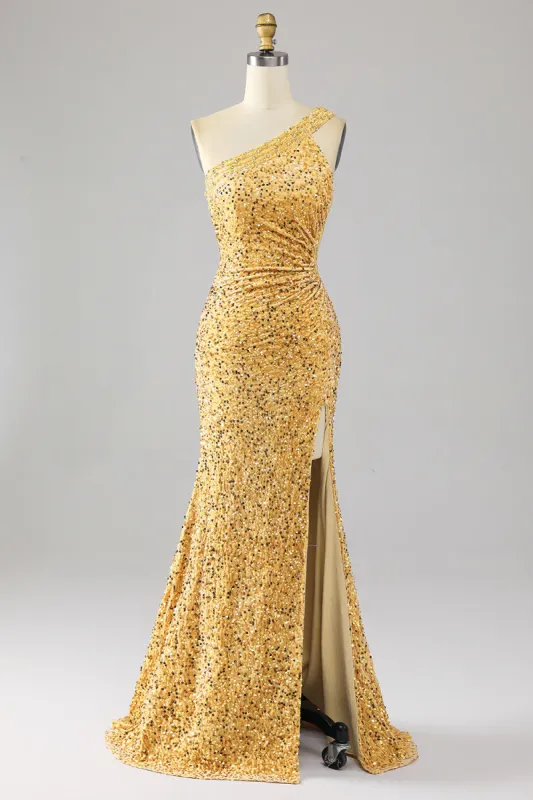 Mermaid Sequins One Shoulder Golden Prom Dress with Slit sold by Zapaka
