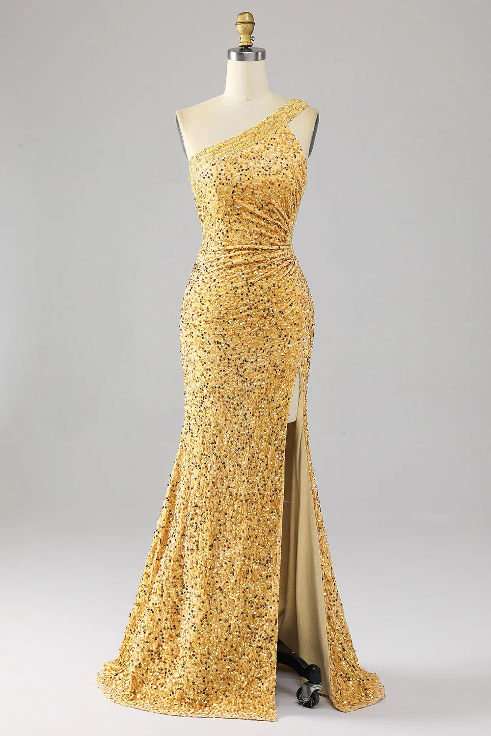 Mermaid Sequins One Shoulder Golden Prom Dress with Slit sold by Zapaka