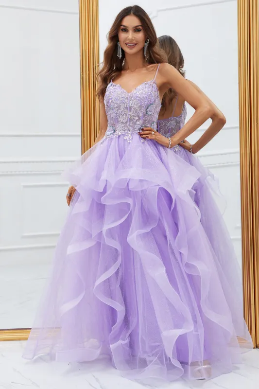 Glitter Purple Ruffled Corset Long Prom Dress with Lace sold by Zapaka