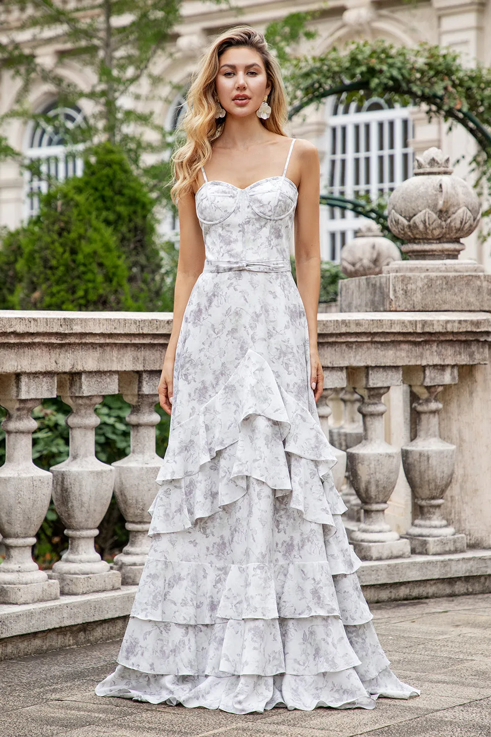 White Brown Flower A Line Spaghetti Straps Bridesmaid Dress With Ruffles sold by Zapaka product image thumbnail 4