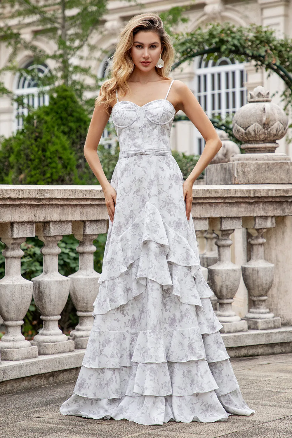 White Brown Flower A Line Spaghetti Straps Bridesmaid Dress With Ruffles sold by Zapaka product image thumbnail 5