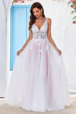 Charming A Line V-Neck Pink Tulle Sweep Train Wedding Dress with Appliques sold by Zapaka
