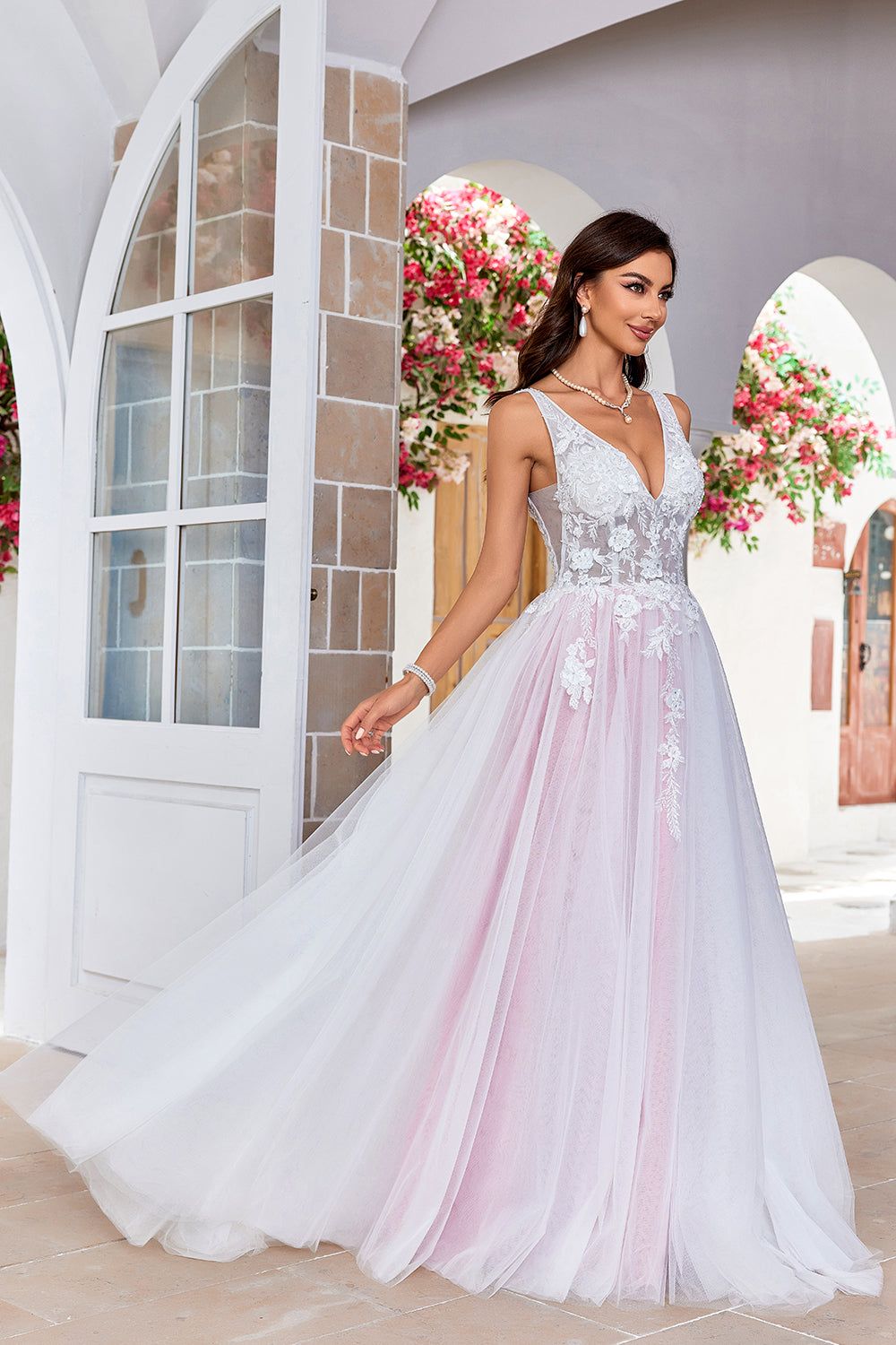 Charming A Line V-Neck Pink Tulle Sweep Train Wedding Dress with Appliques sold by Zapaka product image thumbnail 4