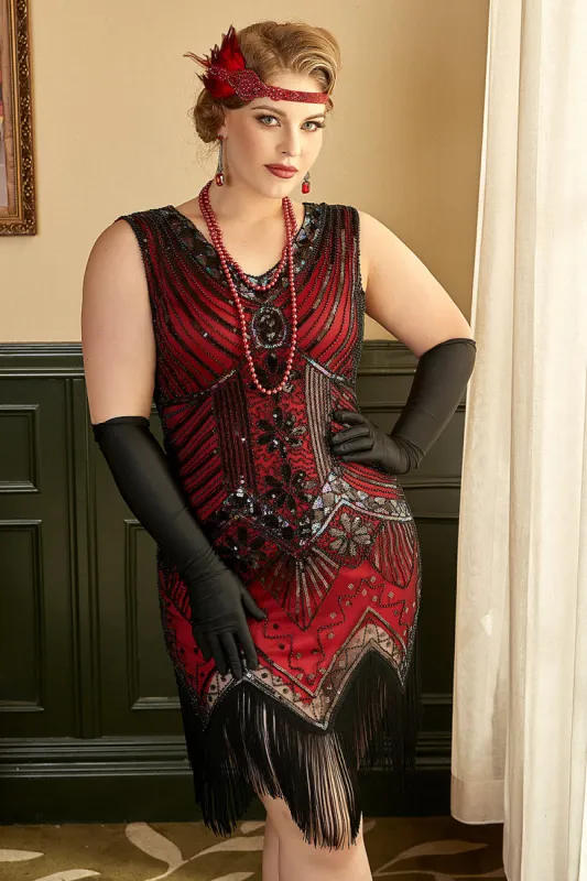Red Sequin Plus Size 1920s Dress with Fringes sold by Zapaka