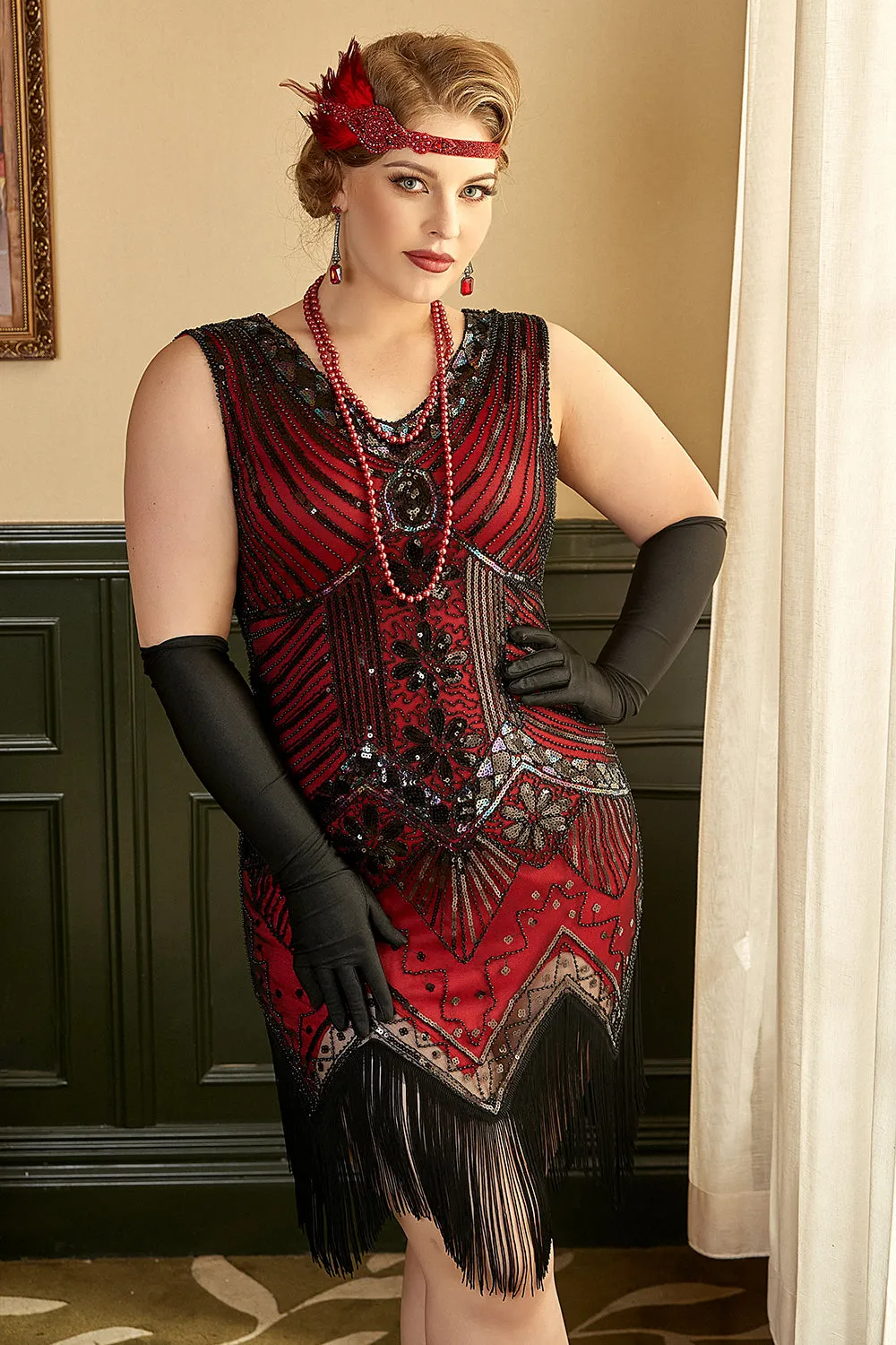 Red Sequin Plus Size 1920s Dress with Fringes sold by Zapaka