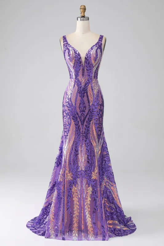 Dark Purple Mermaid V Neck Sequins Long Prom Dress sold by Zapaka
