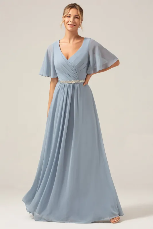 Dusty Blue A-Line V Neck Short Sleeves Chiffon Bridesmaid Dress sold by Zapaka