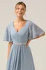 Dusty Blue A-Line V Neck Short Sleeves Chiffon Bridesmaid Dress sold by Zapaka