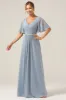 Dusty Blue A-Line V Neck Short Sleeves Chiffon Bridesmaid Dress sold by Zapaka