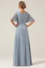 Dusty Blue A-Line V Neck Short Sleeves Chiffon Bridesmaid Dress sold by Zapaka
