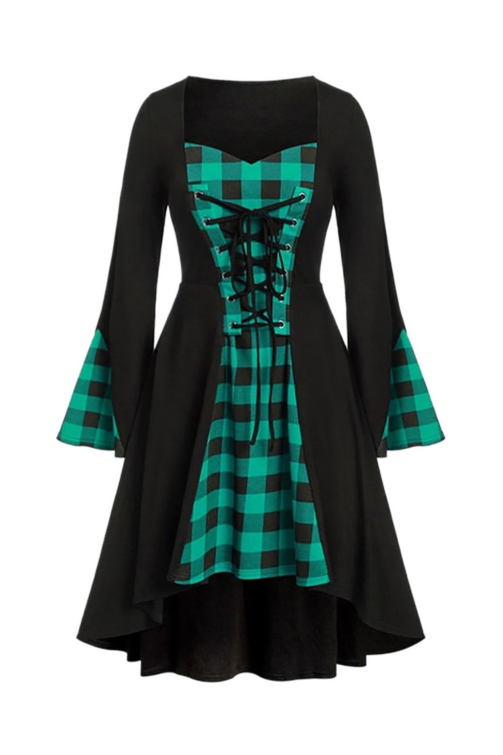 Tie Ruffle Sleeve Halloween Plaid Retro Dress sold by Zapaka