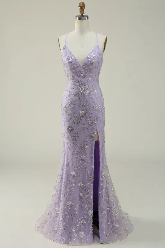 Mermaid Spaghetti Straps Purple Long Prom Dress with Beading sold by Zapaka