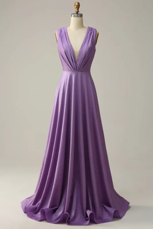 A Line Deep V Neck Purple Sleeveless Long Prom Dress sold by Zapaka