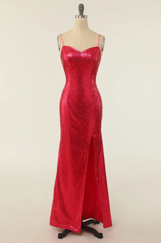 Sheath Spaghetti Straps Fuchsia Sequins Party Dress sold by Zapaka