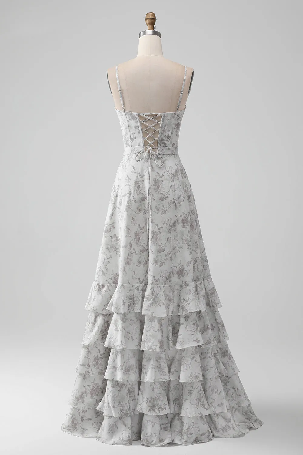 White Brown Flower Spaghetti Straps A Line Bridesmaid Dress With Ruffles sold by Zapaka product image thumbnail 2