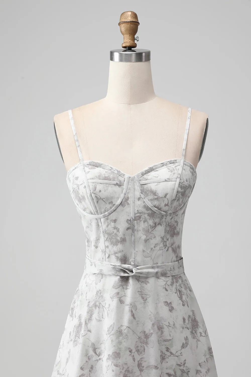White Brown Flower Spaghetti Straps A Line Bridesmaid Dress With Ruffles sold by Zapaka product image thumbnail 4