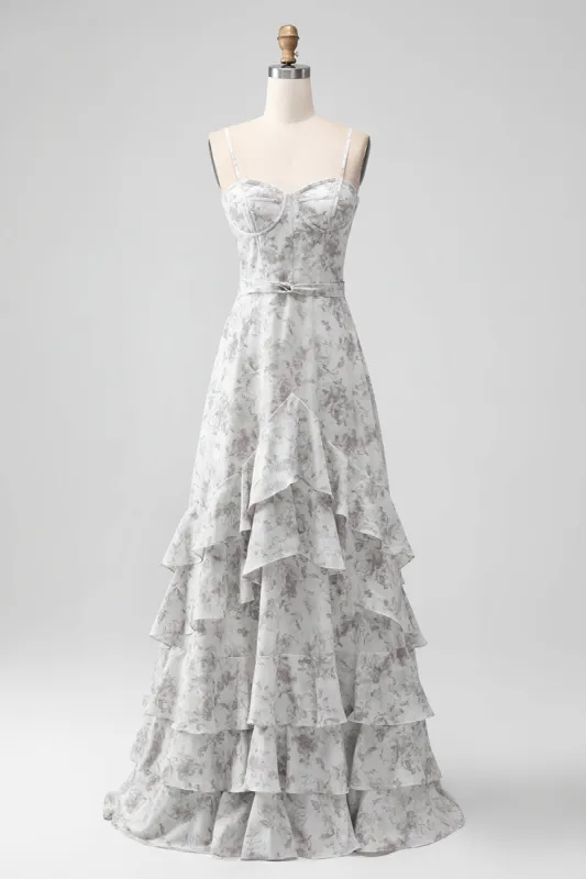 White Brown Flower Spaghetti Straps A Line Bridesmaid Dress With Ruffles sold by Zapaka