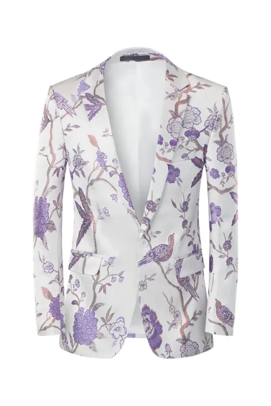 Men's White Embroidery Notched Lapel Prom Blazer sold by Zapaka