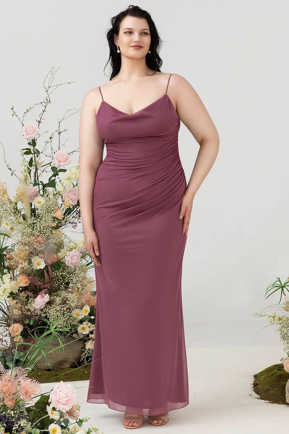 Sheath Spaghetti Straps Desert Rose Plus Size Bridesmaid Dress with Open Back sold by Zapaka