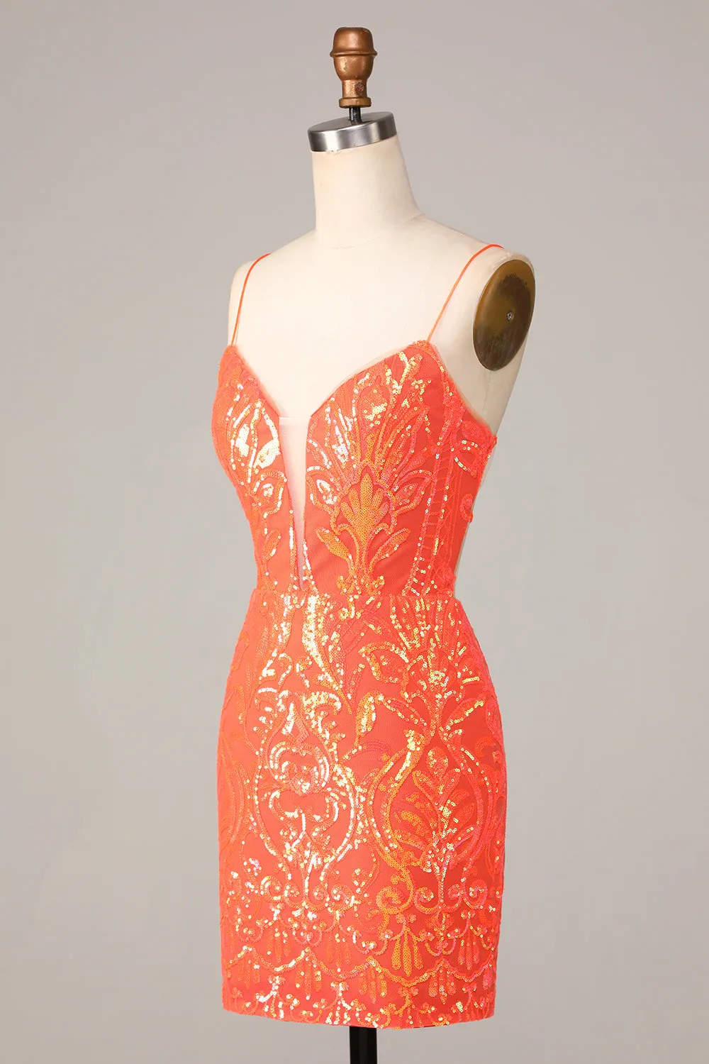 Sparkle 'til Dawn Bodycon Spaghetti Straps Orange Sequins Short Homecoming Dress sold by Zapaka product image thumbnail 3