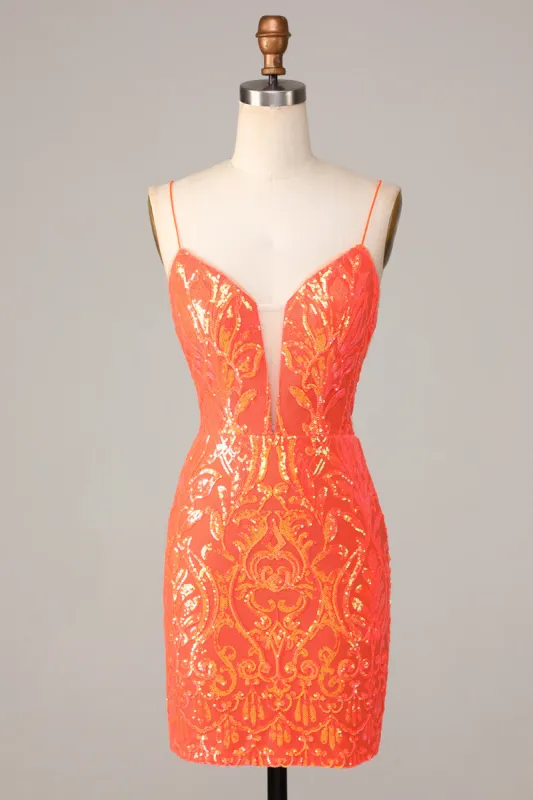 Sparkle 'til Dawn Bodycon Spaghetti Straps Orange Sequins Short Homecoming Dress sold by Zapaka