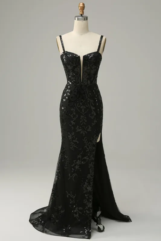 Mermaid Spaghetti Straps Black Sequins Long Prom Dress with Split Front sold by Zapaka