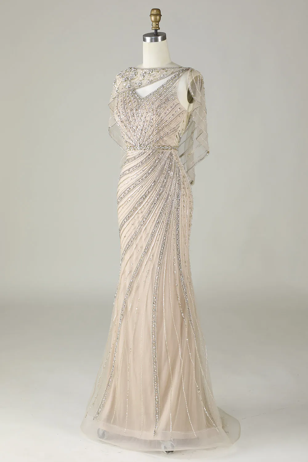 Sparkly Champagne Beaded Mermaid Long Prom Dress with Wrap sold by Zapaka product image thumbnail 3