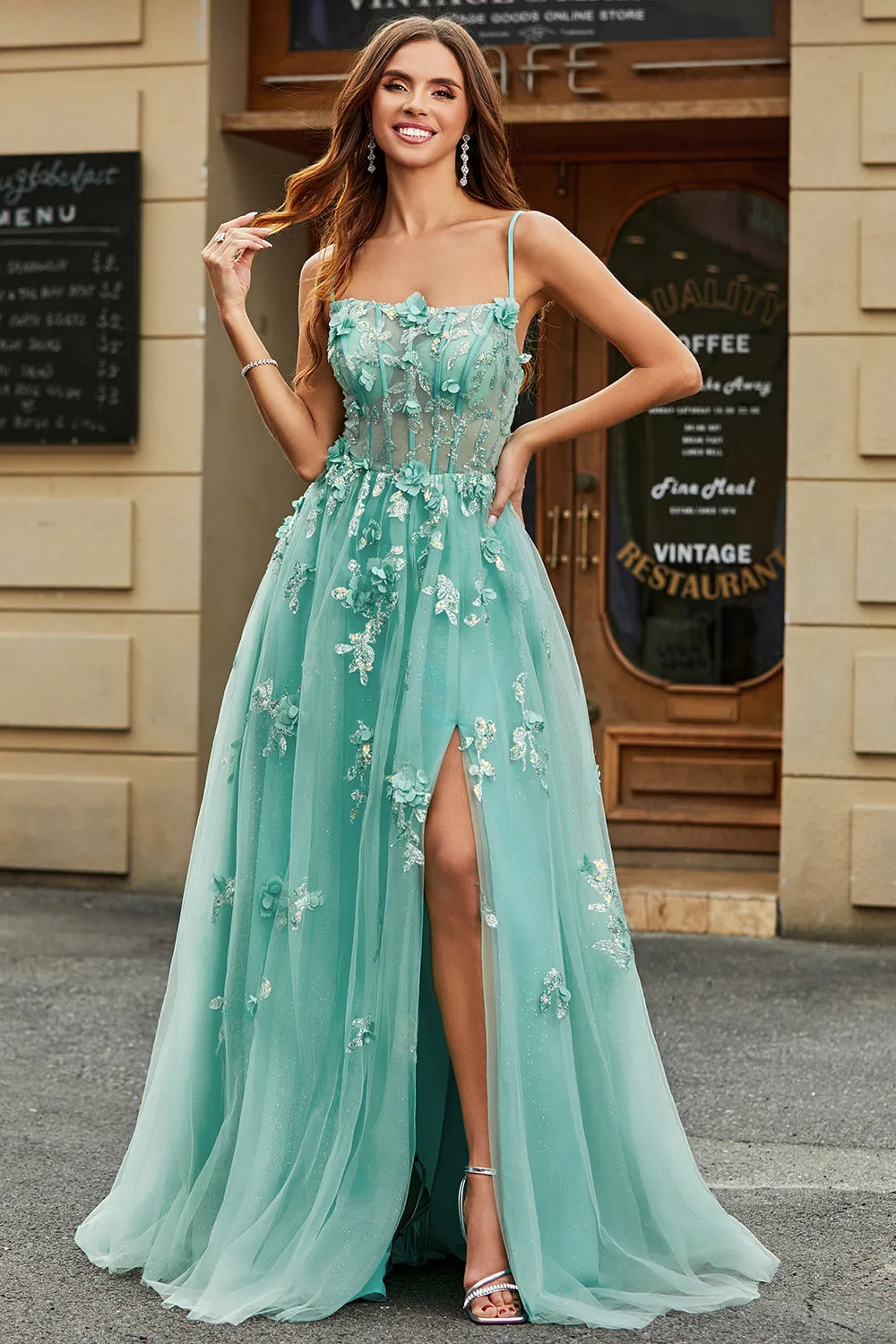 A-Line Green Tulle Corset Prom Dress with Appliques sold by Zapaka