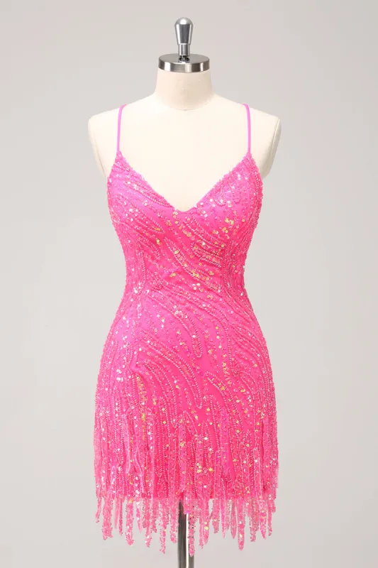 Sparkly Hot Pink Tight Sequins V Neck Homecoming Dress with Fringes sold by Zapaka