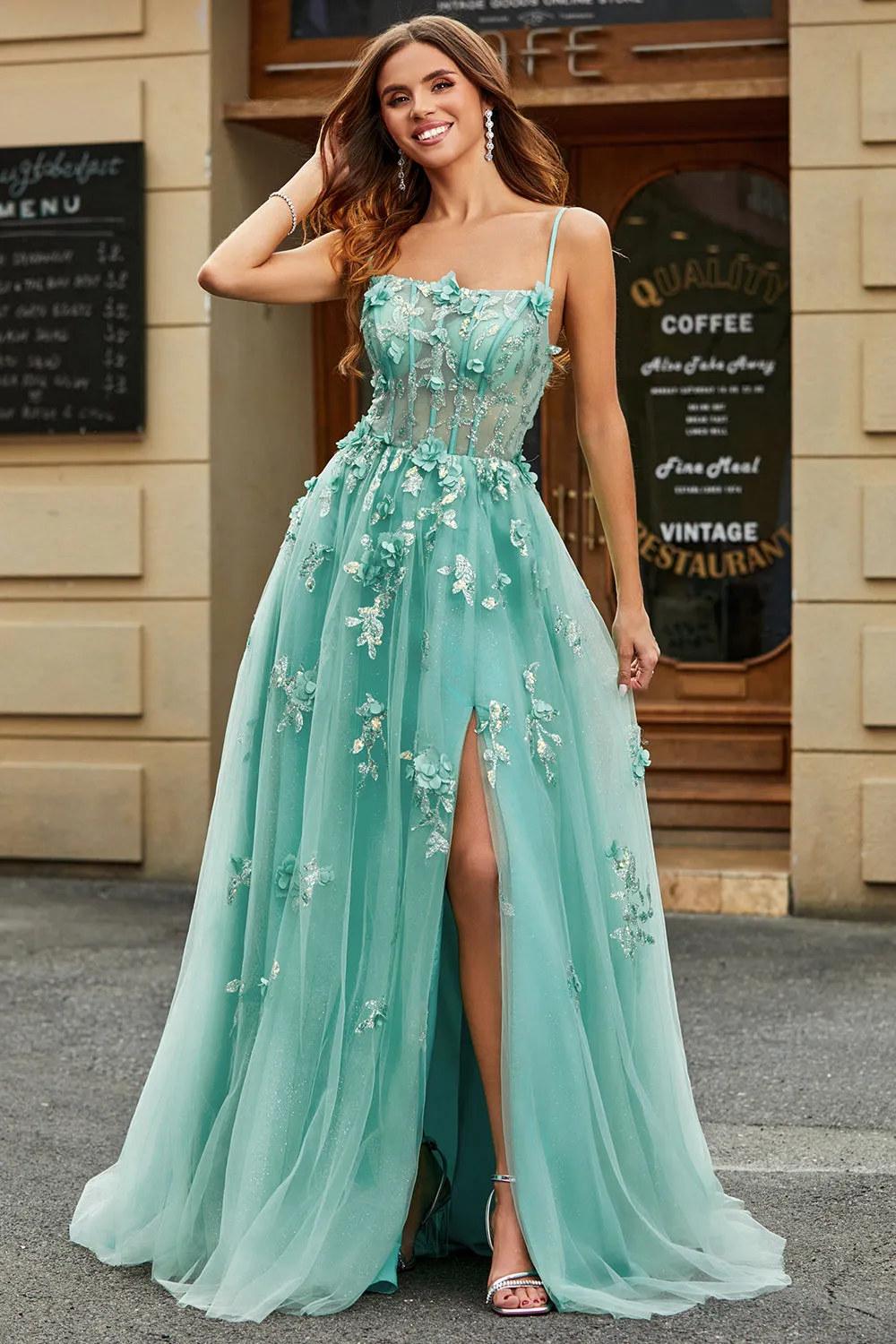 A-Line Green Tulle Corset Prom Dress with Appliques sold by Zapaka product image thumbnail 3