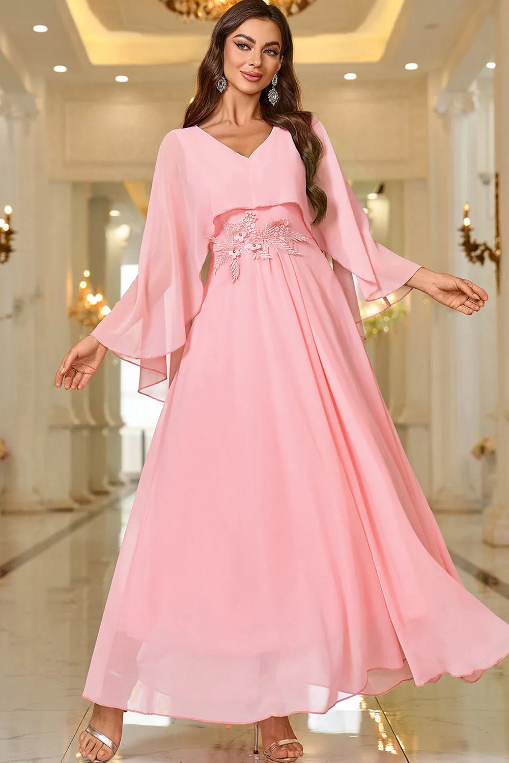 Elegant Pink A Line V Neck Shawl Sleeve Long Formal Dress sold by Zapaka product image thumbnail 3