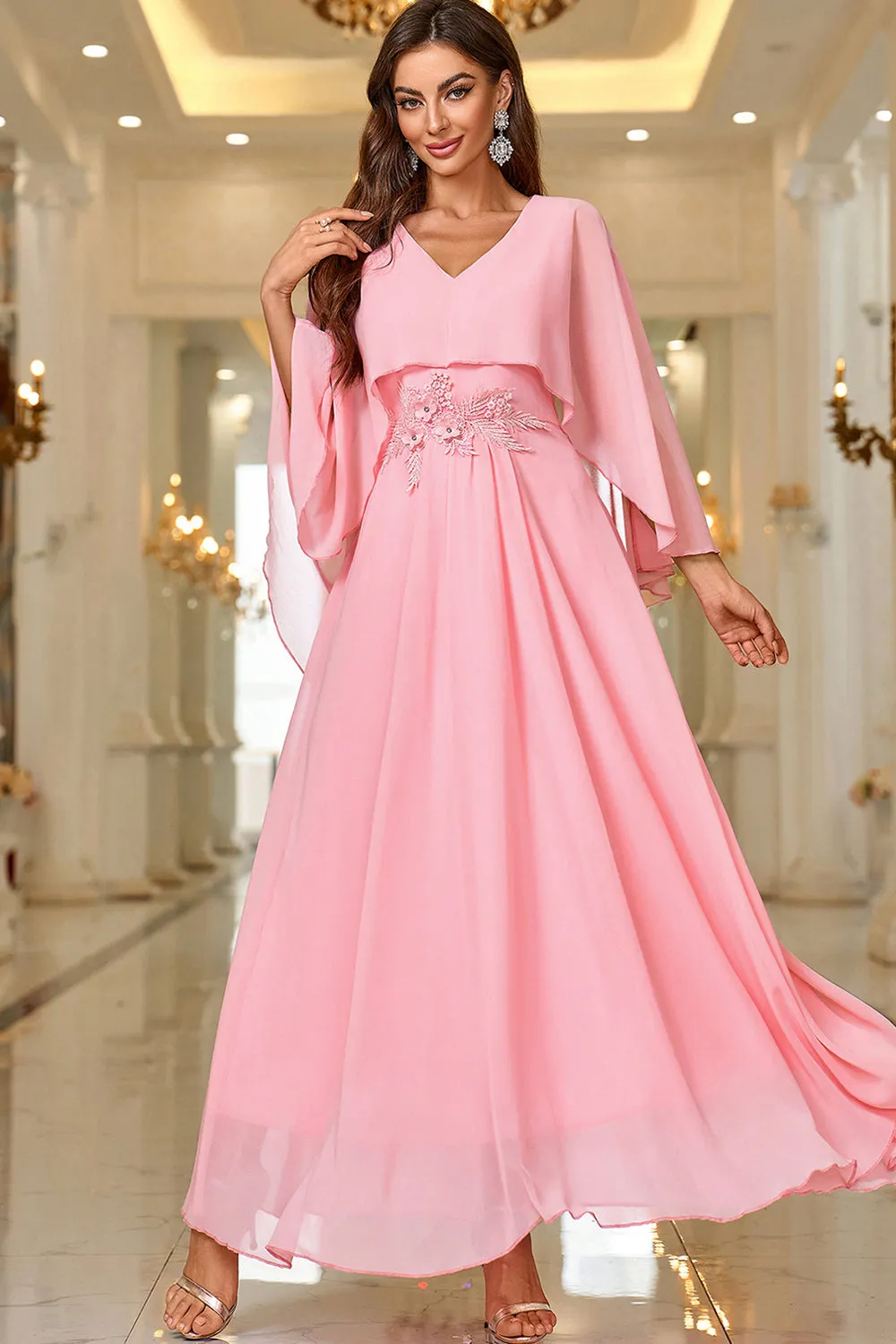 Elegant Pink A Line V Neck Shawl Sleeve Long Formal Dress sold by Zapaka product image thumbnail 4