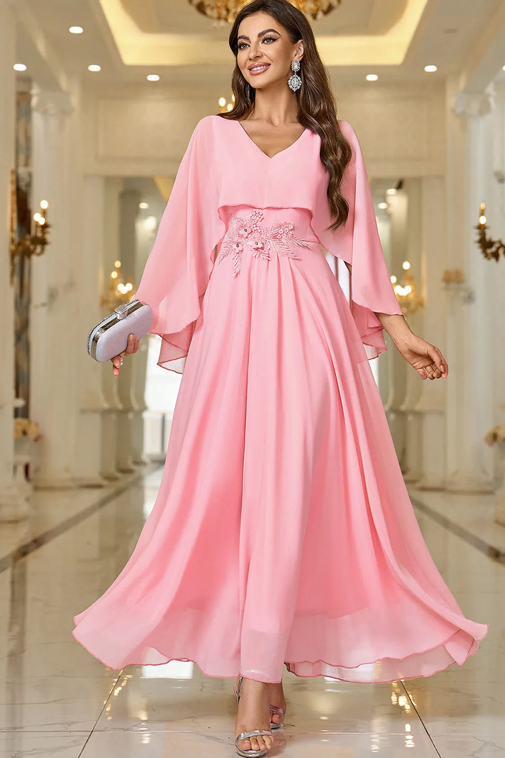 Elegant Pink A Line V Neck Shawl Sleeve Long Formal Dress sold by Zapaka
