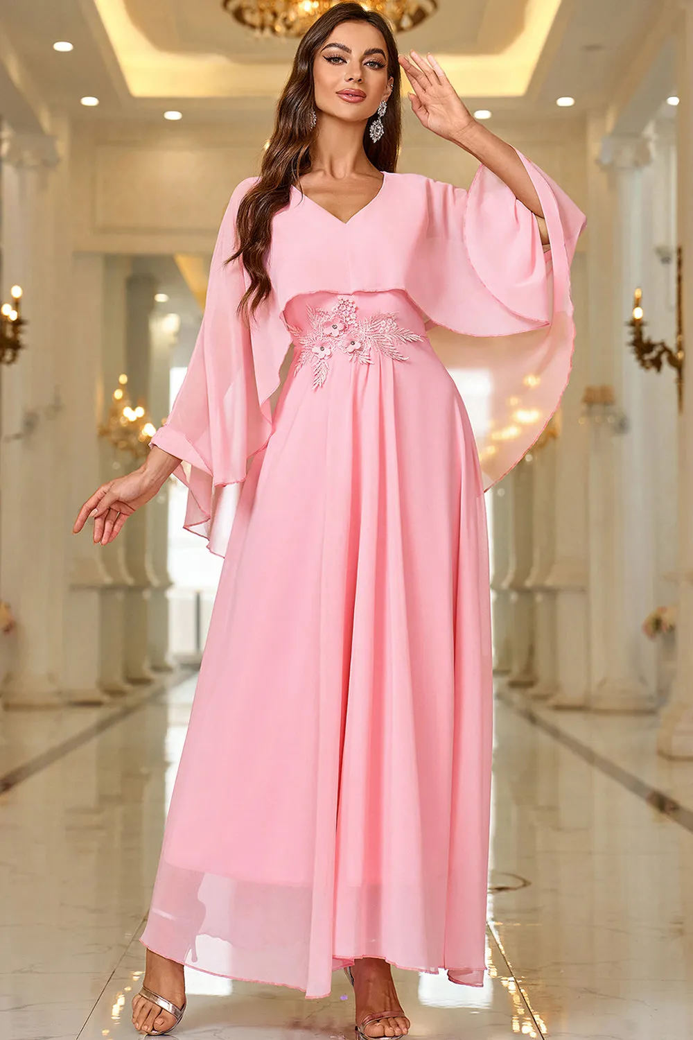 Elegant Pink A Line V Neck Shawl Sleeve Long Formal Dress sold by Zapaka product image thumbnail 5