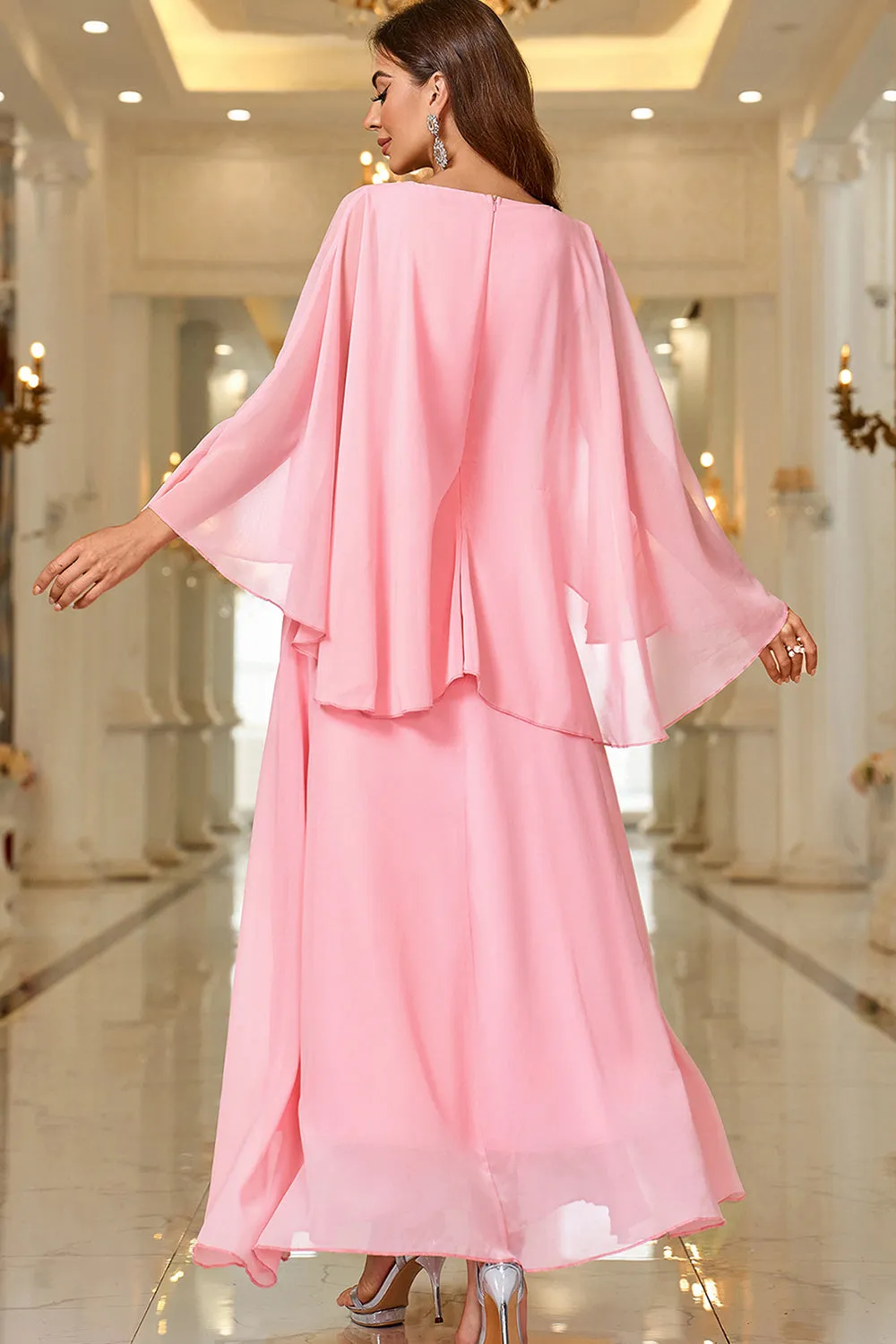 Elegant Pink A Line V Neck Shawl Sleeve Long Formal Dress sold by Zapaka product image thumbnail 2