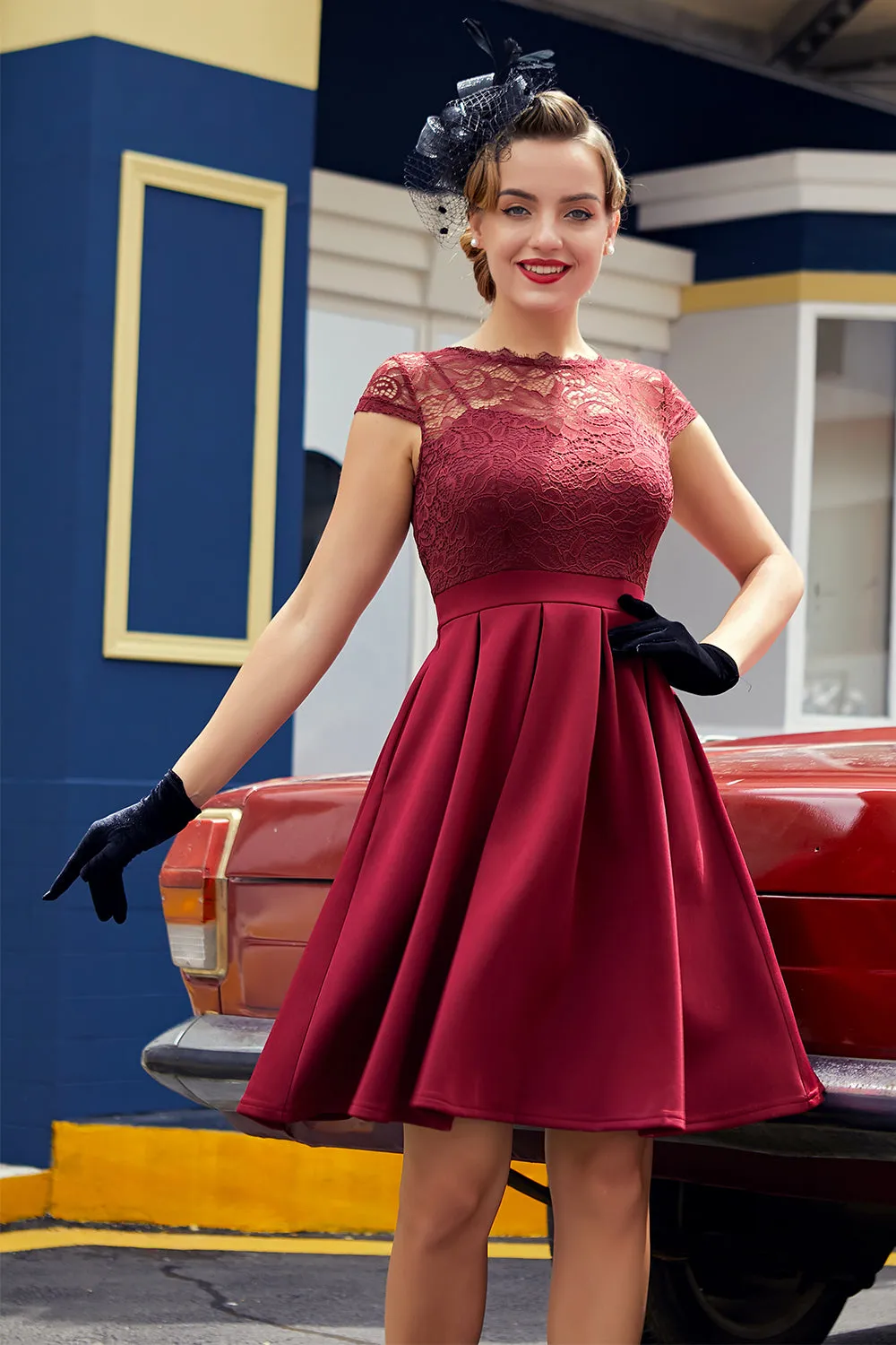 Burgundy Retro 1950s Dress With Lace sold by Zapaka product image thumbnail 5